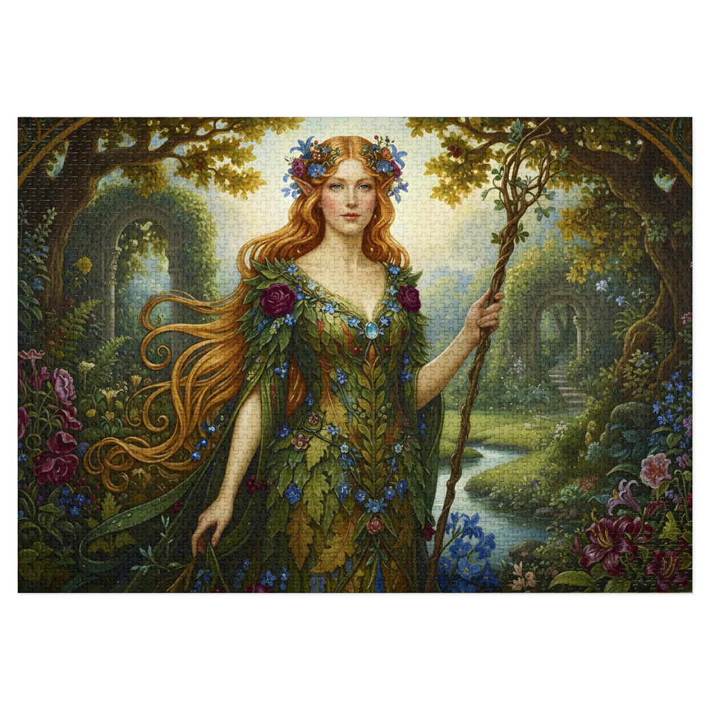 A complete Jigsaw puzzle set with a 'Majestic Elven Queen of Isekai Fantasy Forest' design on a white background