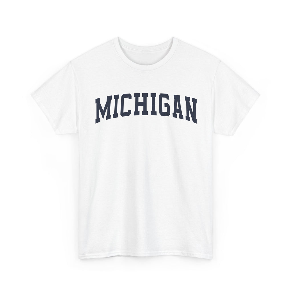 White t-shirt with 'MICHIGAN' text on a white background