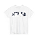 White t-shirt with 'MICHIGAN' text on a white background
