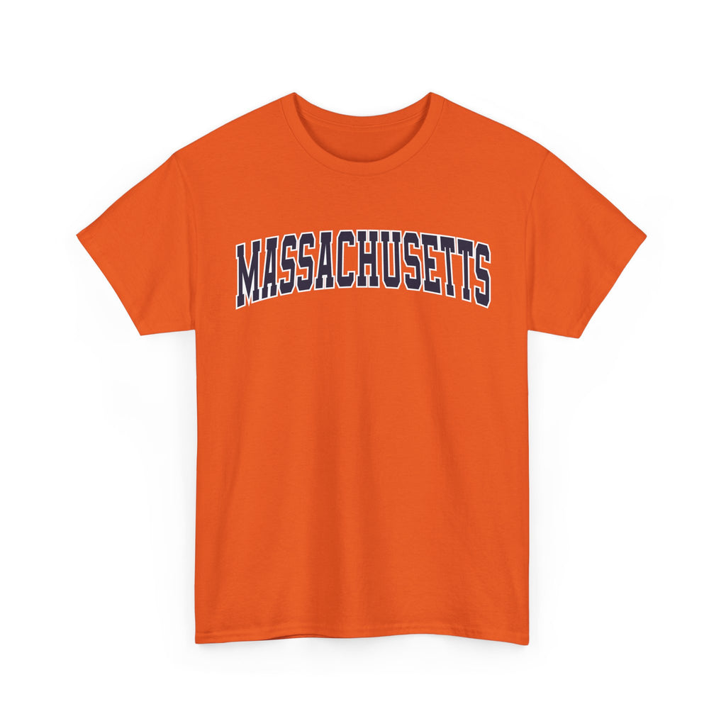 Orange t-shirt with 'MASSACHUSETTS' text on a white background