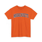 Orange t-shirt with 'MASSACHUSETTS' text on a white background