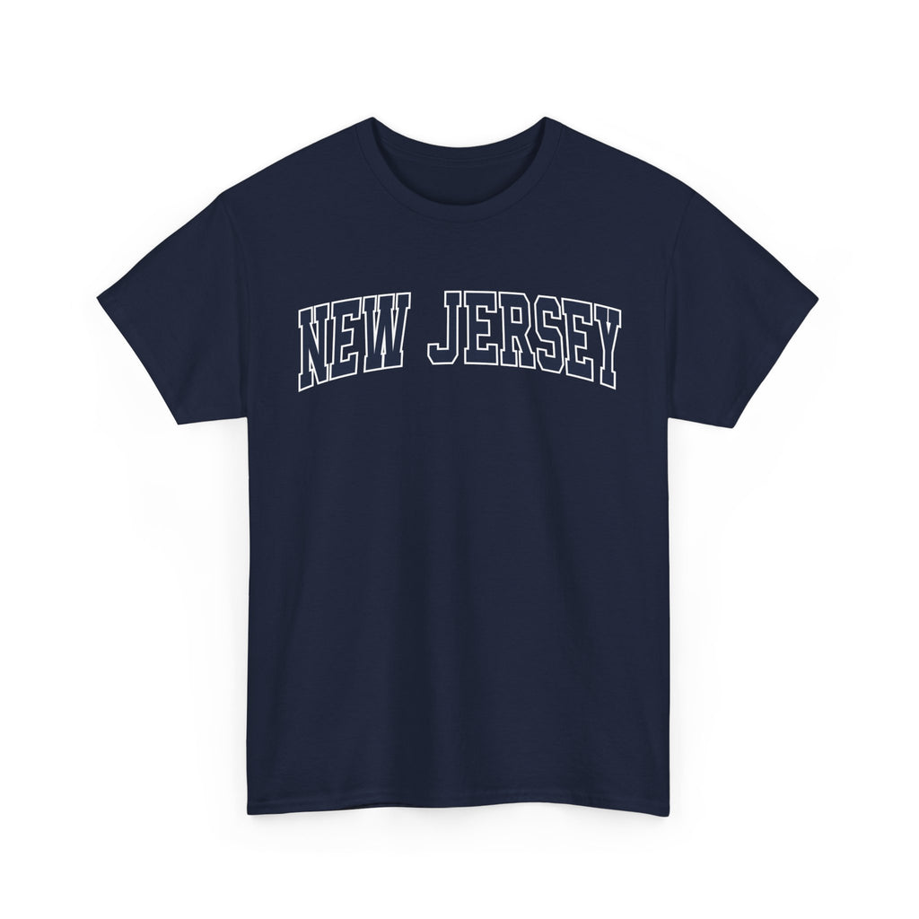 Navy blue t-shirt with 'NEW JERSEY' text on a white background