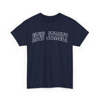 Navy blue t-shirt with 'NEW JERSEY' text on a white background