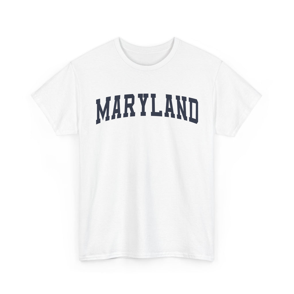 White t-shirt with 'MARYLAND' printed on a white background