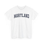 White t-shirt with 'MARYLAND' printed on a white background