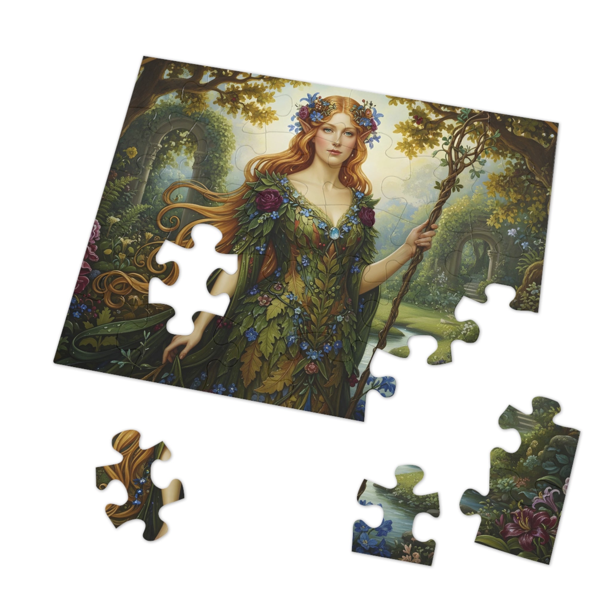 a mockup of a 30pcs Jigsaw puzzle set with a 'Majestic Elven Queen of Isekai Fantasy Forest' design on a white background