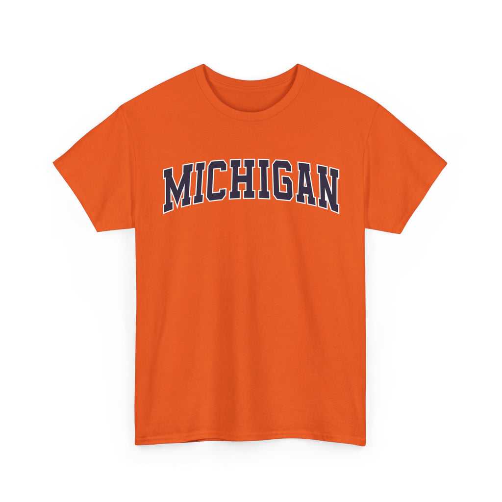 Orange t-shirt with 'MICHIGAN' text on a white background