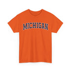 Orange t-shirt with 'MICHIGAN' text on a white background