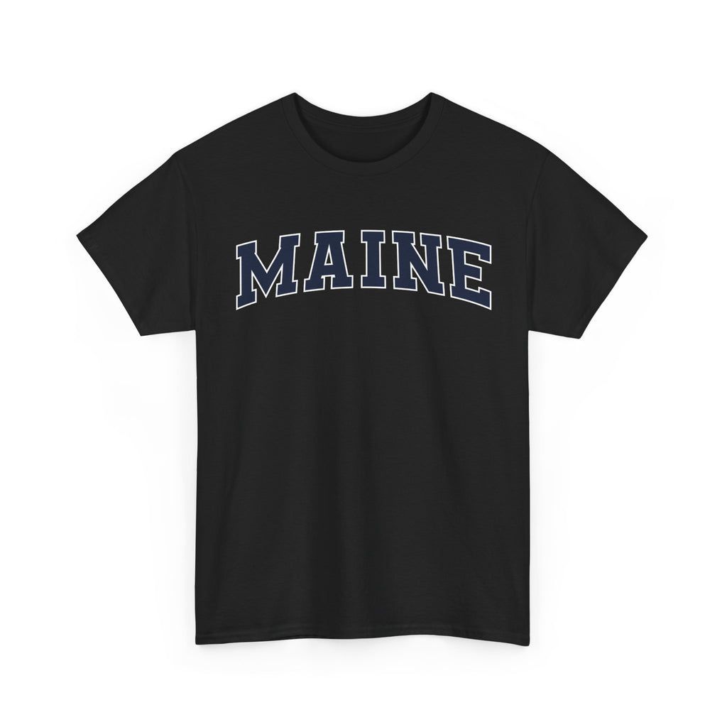 Black t-shirt with 'MAINE' printed on a white background