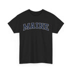 Black t-shirt with 'MAINE' printed on a white background