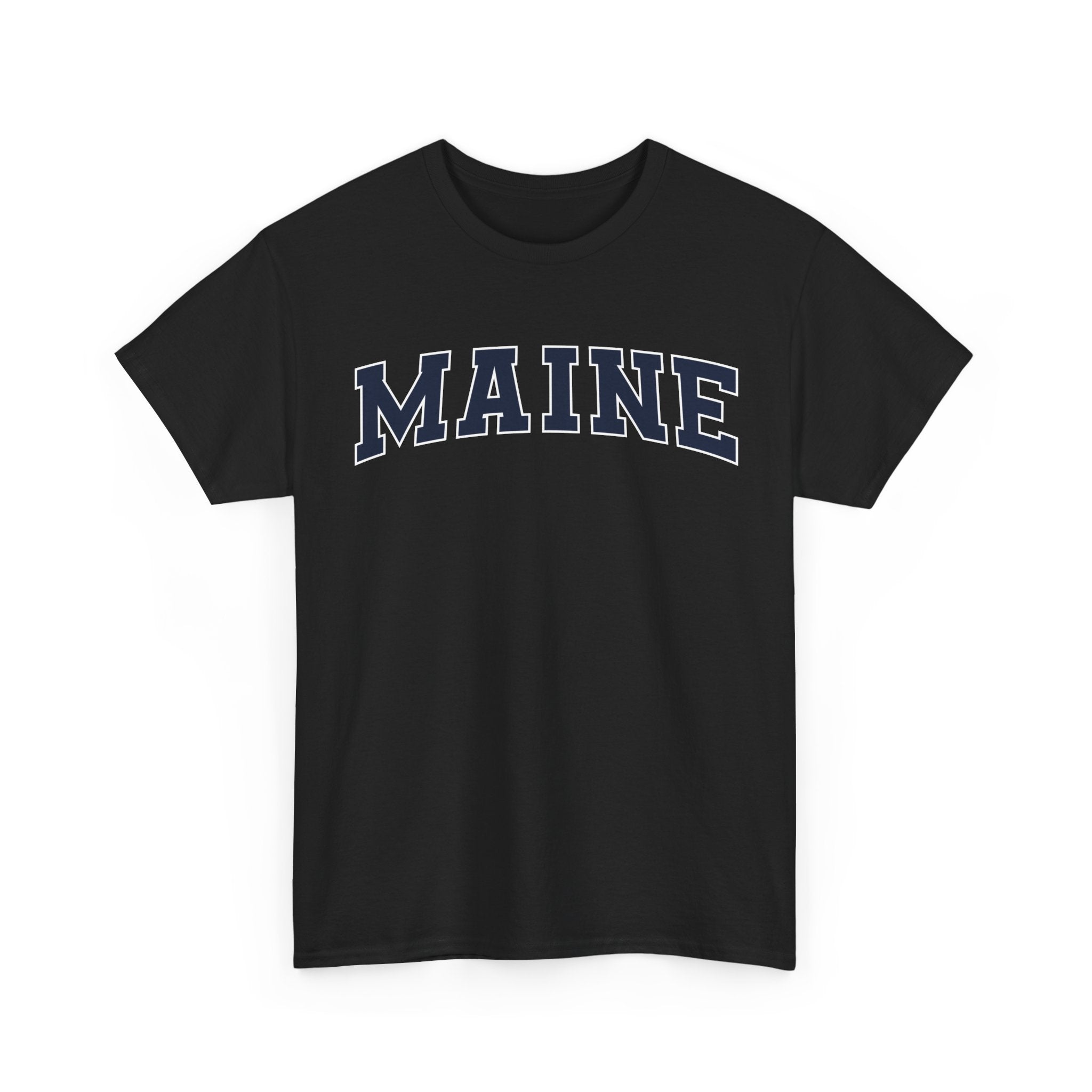 Black t-shirt with 'MAINE' printed on a white background