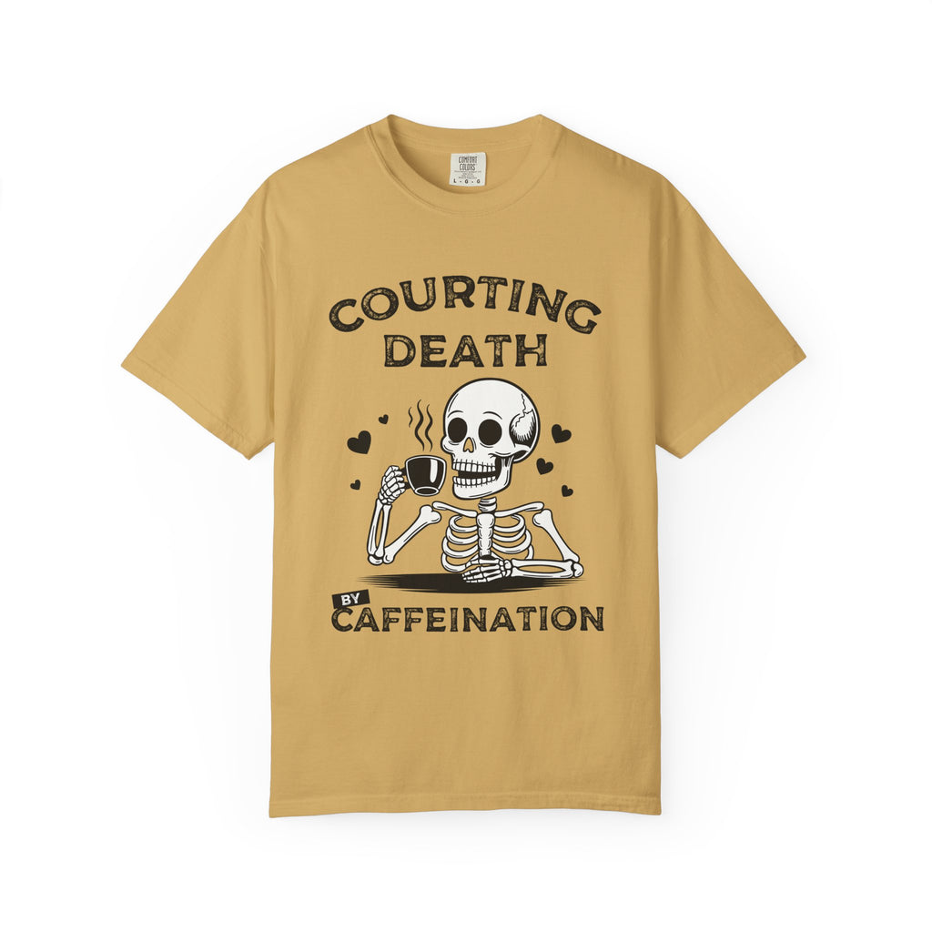 Coffee Skeleton Shirt | Humorous Caffeine Addict Tee - Mustard / S - T-Shirt