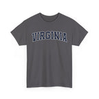 Charcoal t-shirt with 'Virginia' printed on it against a white background