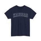 Navy blue t-shirt with 'KANSAS' text on a white background