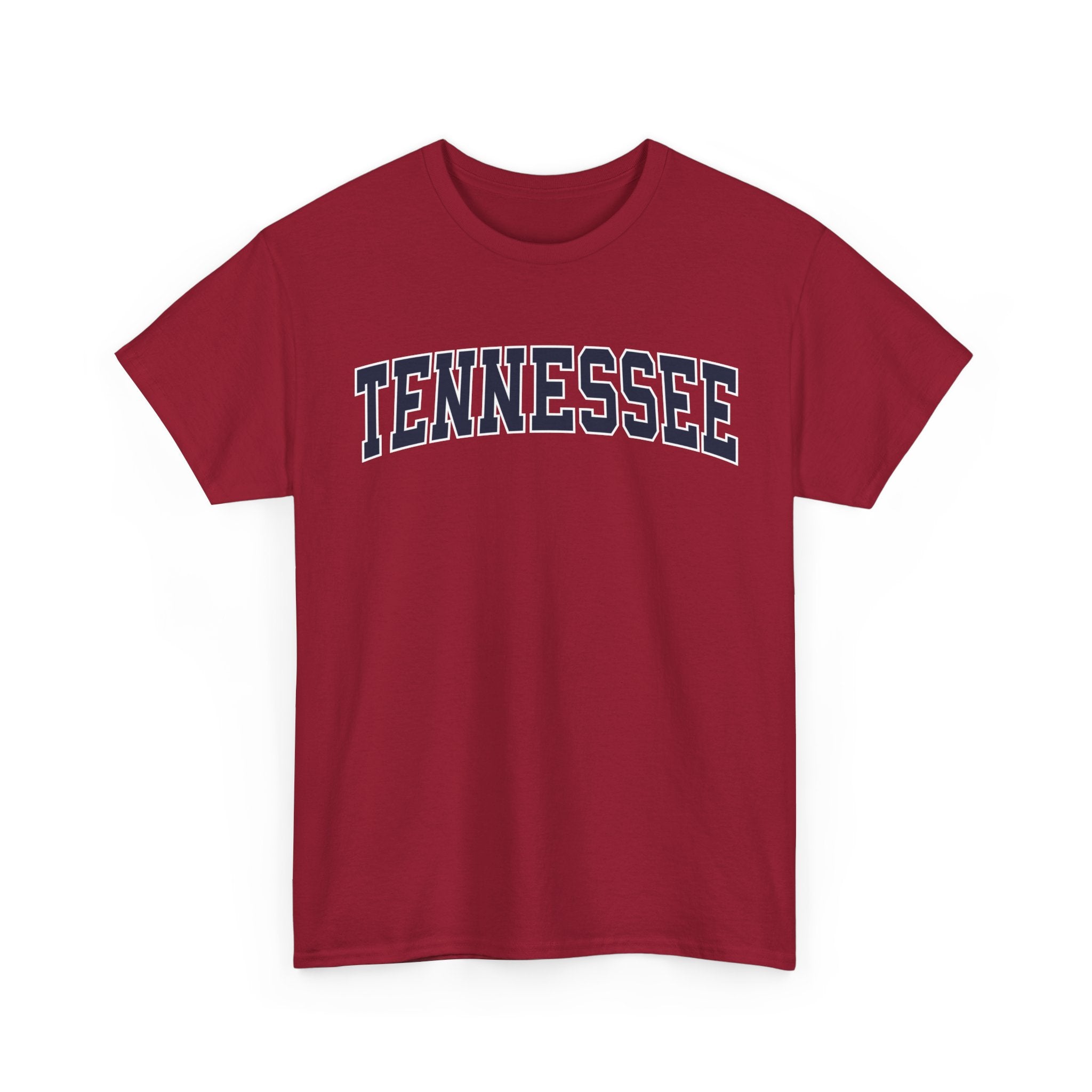 Red t-shirt with 'TENNESSEE' printed on it against a white background