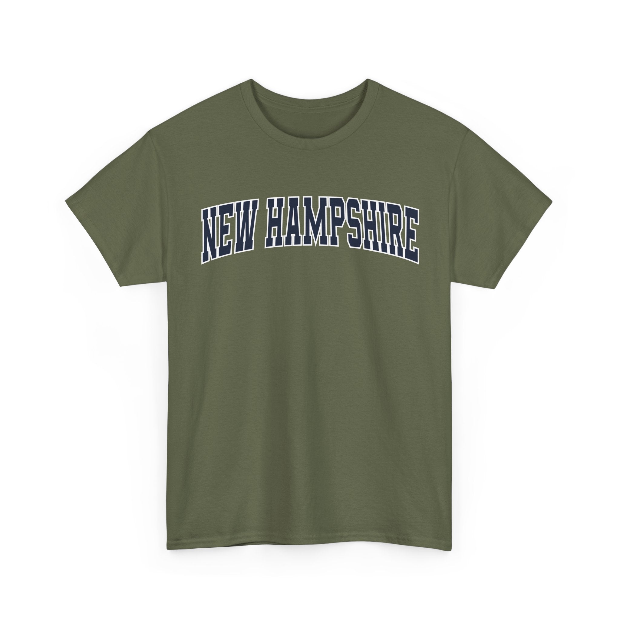 Green t-shirt with 'NEW HAMPSHIRE' text on a white background
