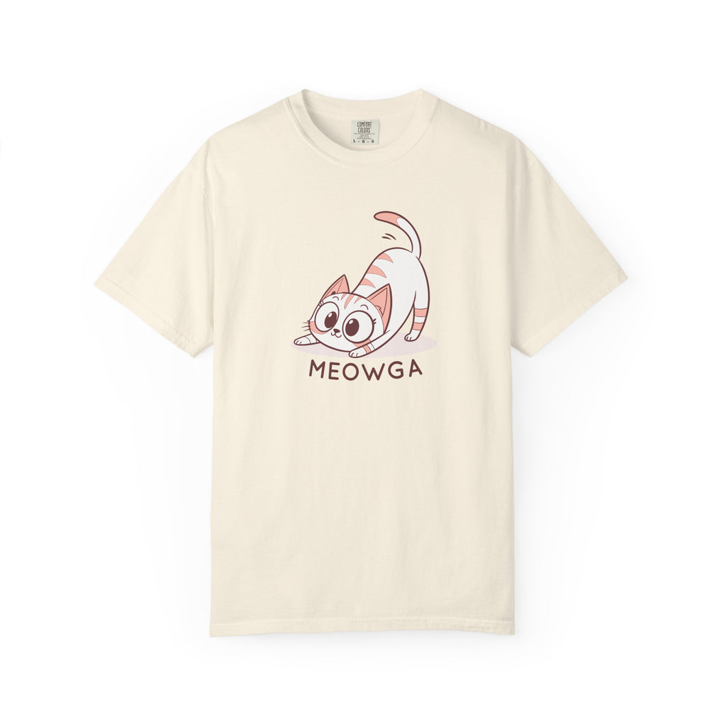 ’Meowga’ Cat Yoga T-Shirt | Cute Kitten Stretch Pose Graphic Tee - Ivory / S