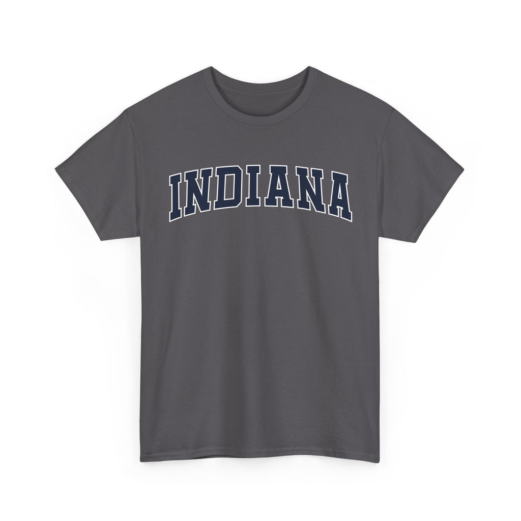 Charcoal t-shirt with 'INDIANA' text on a white background