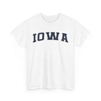 White t-shirt with 'IOWA' printed on a white background