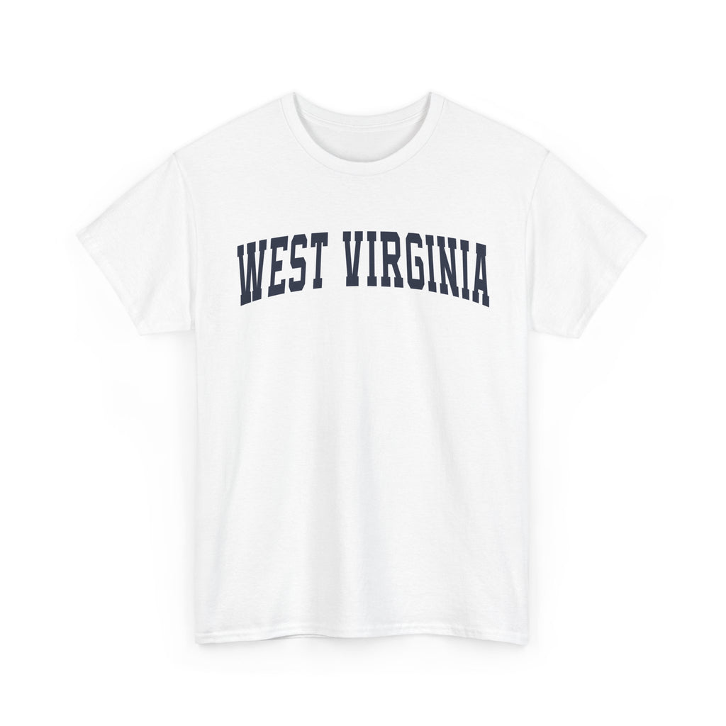 White t-shirt with 'West Virginia' text on a white background