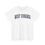 White t-shirt with 'West Virginia' text on a white background