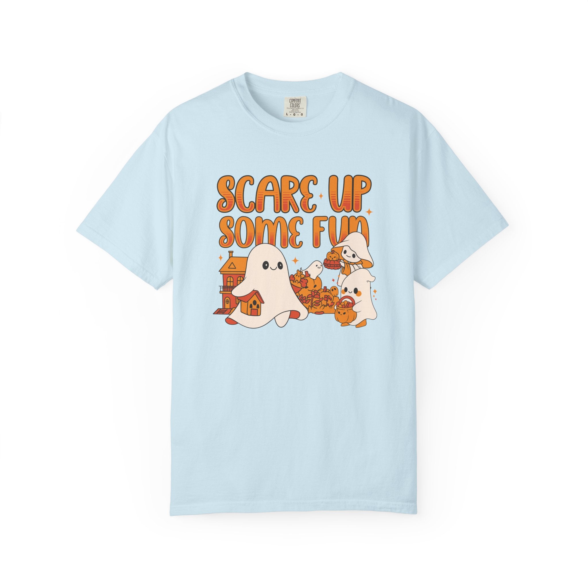 Funny Halloween Ghost T-Shirt: Spooky Pumpkin Design with ’Scare Up Some Fun’ Quote - Chambray / S - T-Shirt