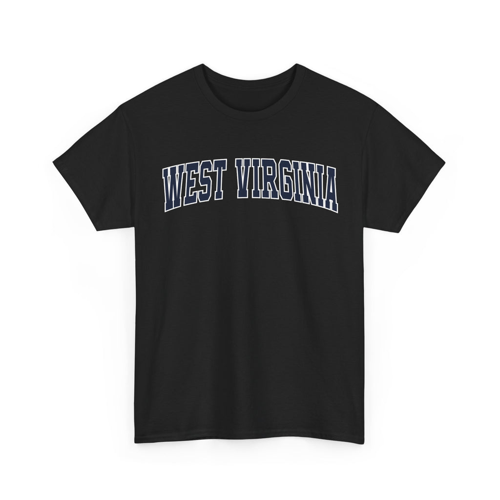 Black t-shirt with 'WEST VIRGINIA' text on a white background