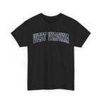 Black t-shirt with 'WEST VIRGINIA' text on a white background