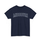 Navy blue t-shirt with 'MISSOURI' printed on it against a white background
