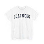 White t-shirt with 'ILLINOIS' printed on a white background