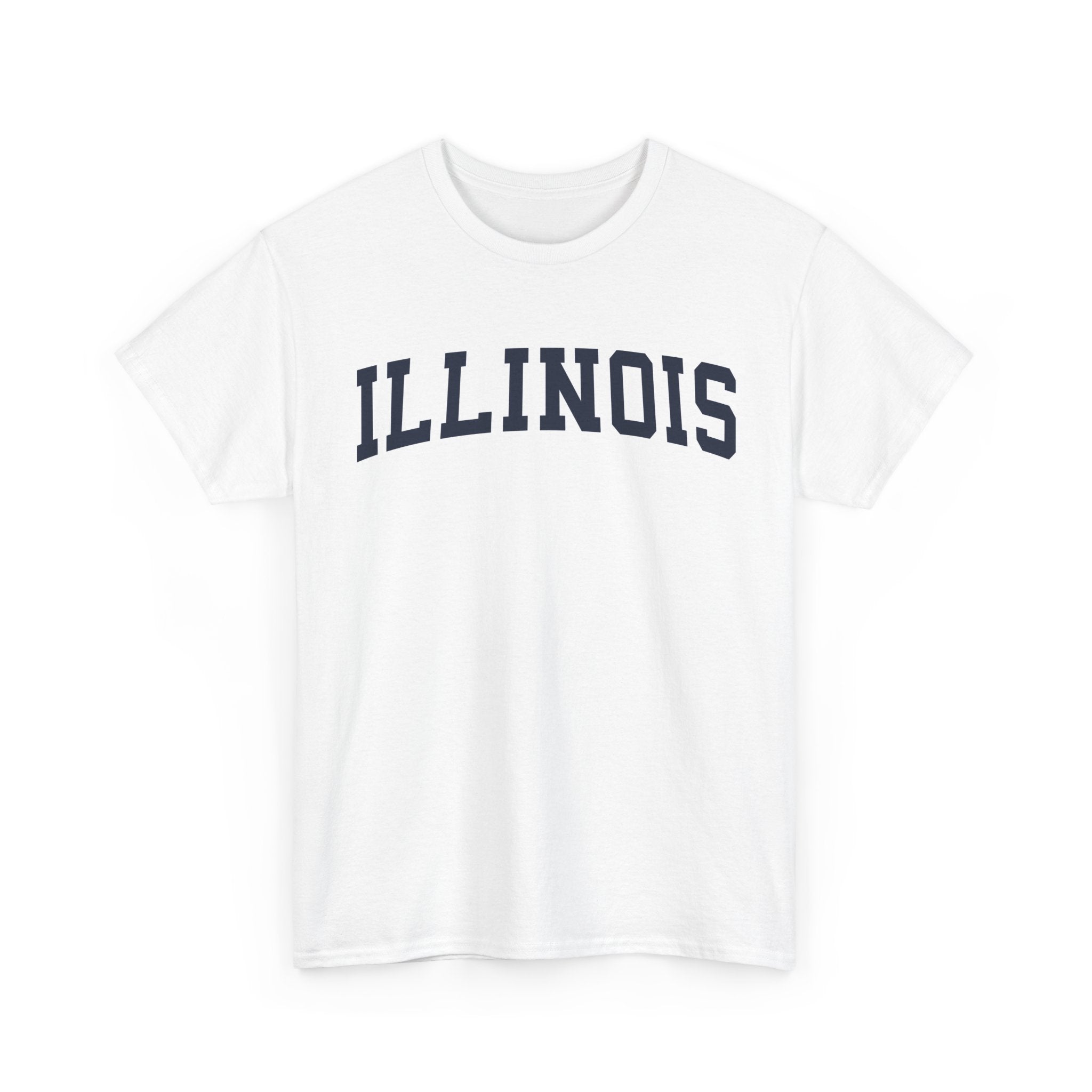 White t-shirt with 'ILLINOIS' printed on a white background