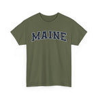 Green t-shirt with 'MAINE' printed on it against a white background