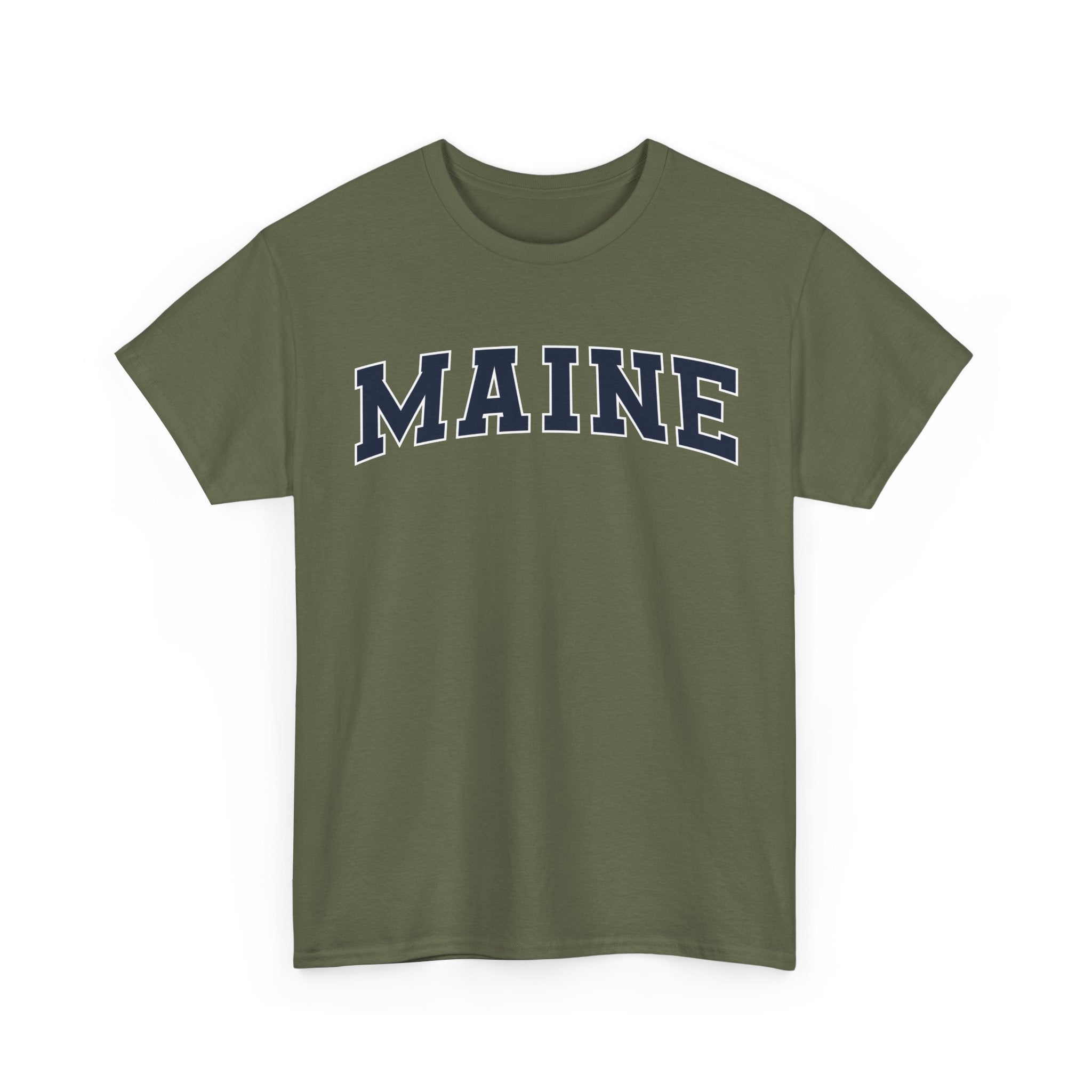 Green t-shirt with 'MAINE' printed on it against a white background