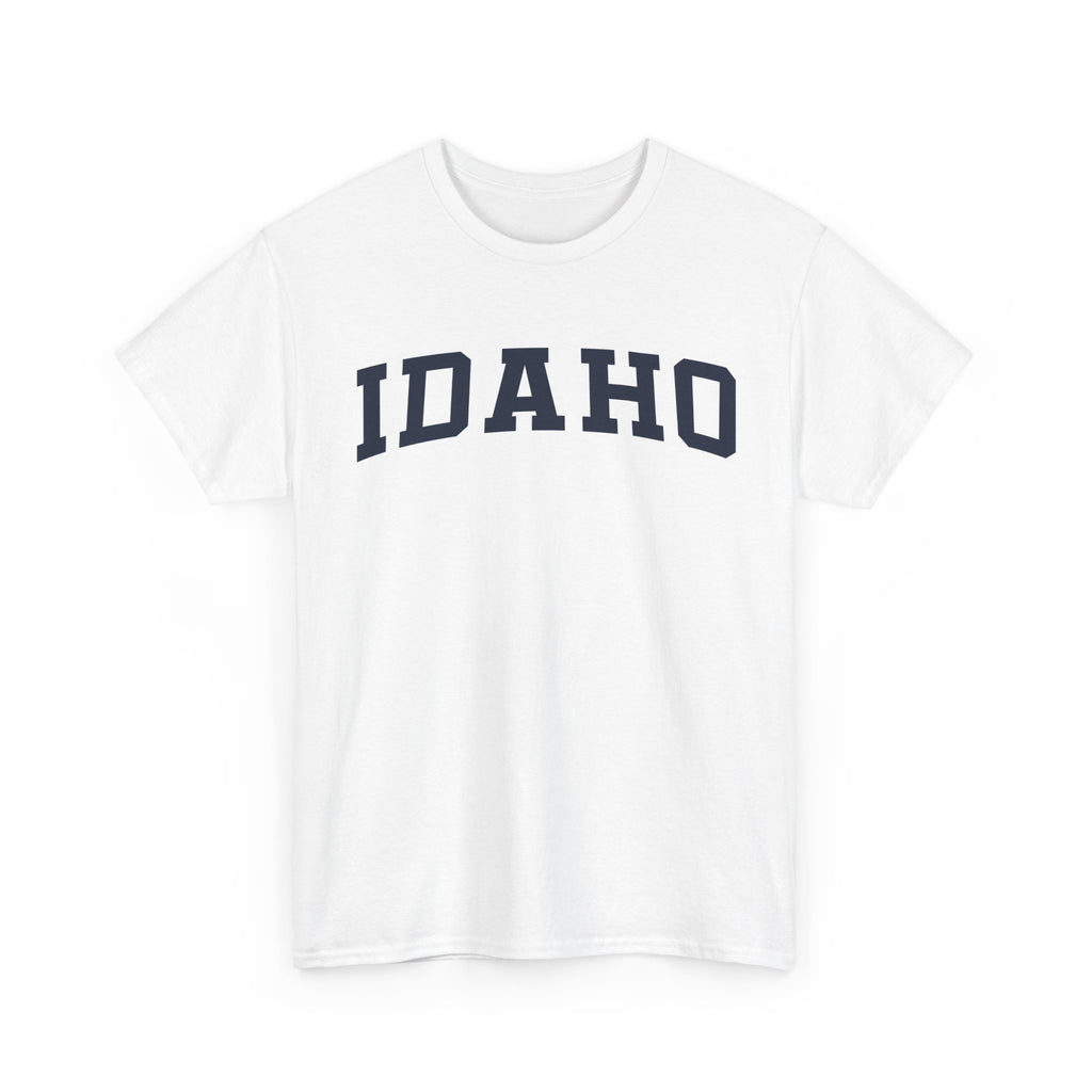 White t-shirt with 'IDaho' printed on a white background