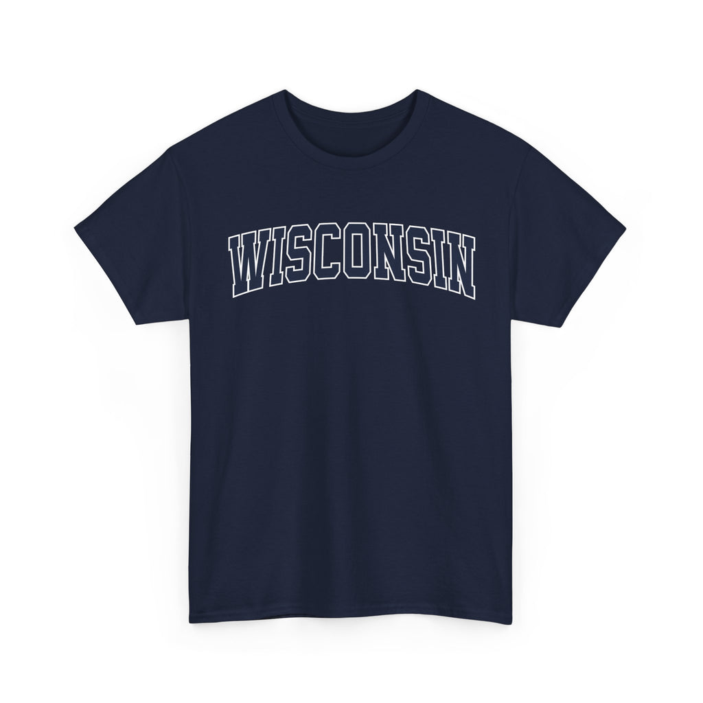 Navy blue t-shirt with 'WISCONSIN' printed on a white background