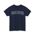 Navy blue t-shirt with 'WISCONSIN' printed on a white background
