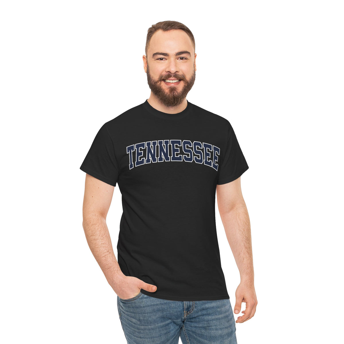 Man wearing a black t-shirt with 'TENNESSEE' text on a white background