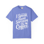 ’I Speak Fluent Sarcasm & Coffee’ T-Shirt | Funny Sarcastic Quote Tee for Coffee Lovers - Flo Blue / S