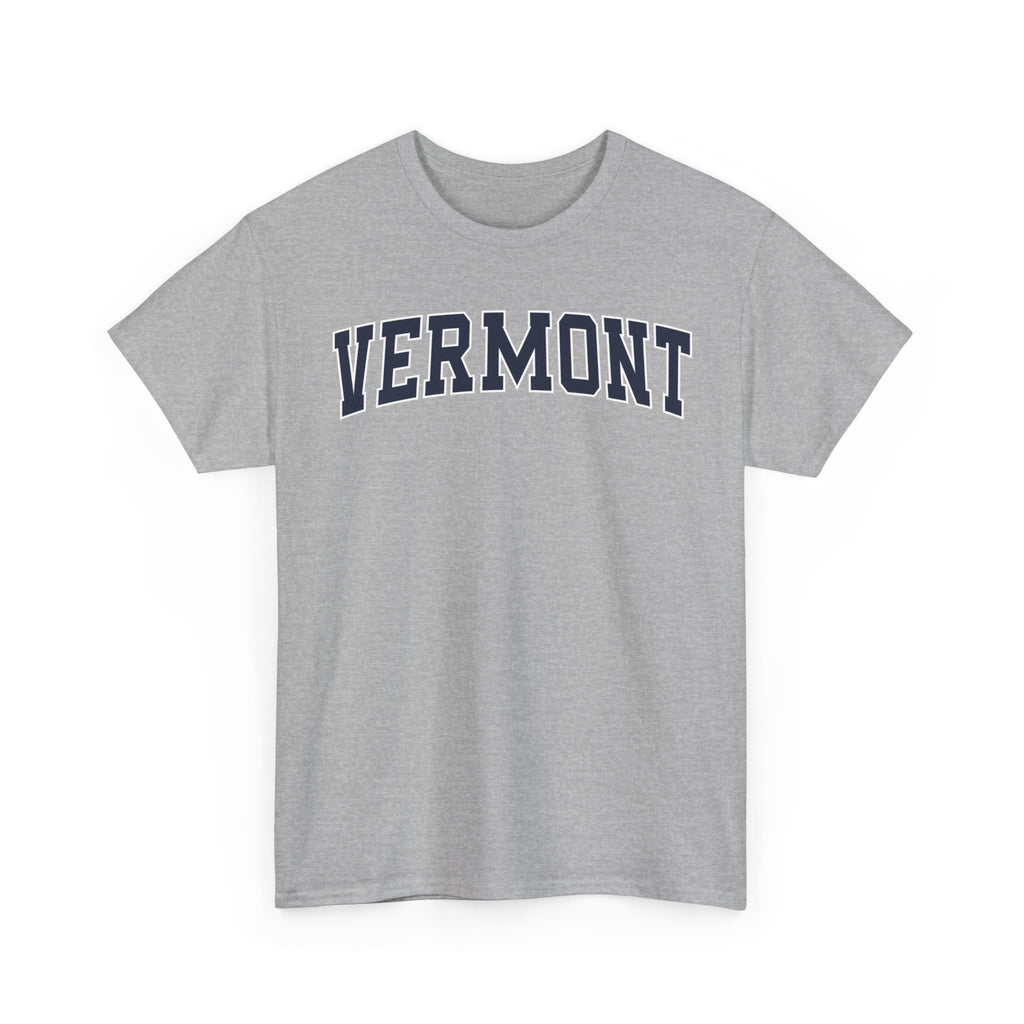 Gray t-shirt with 'VERMONT' printed on a white background