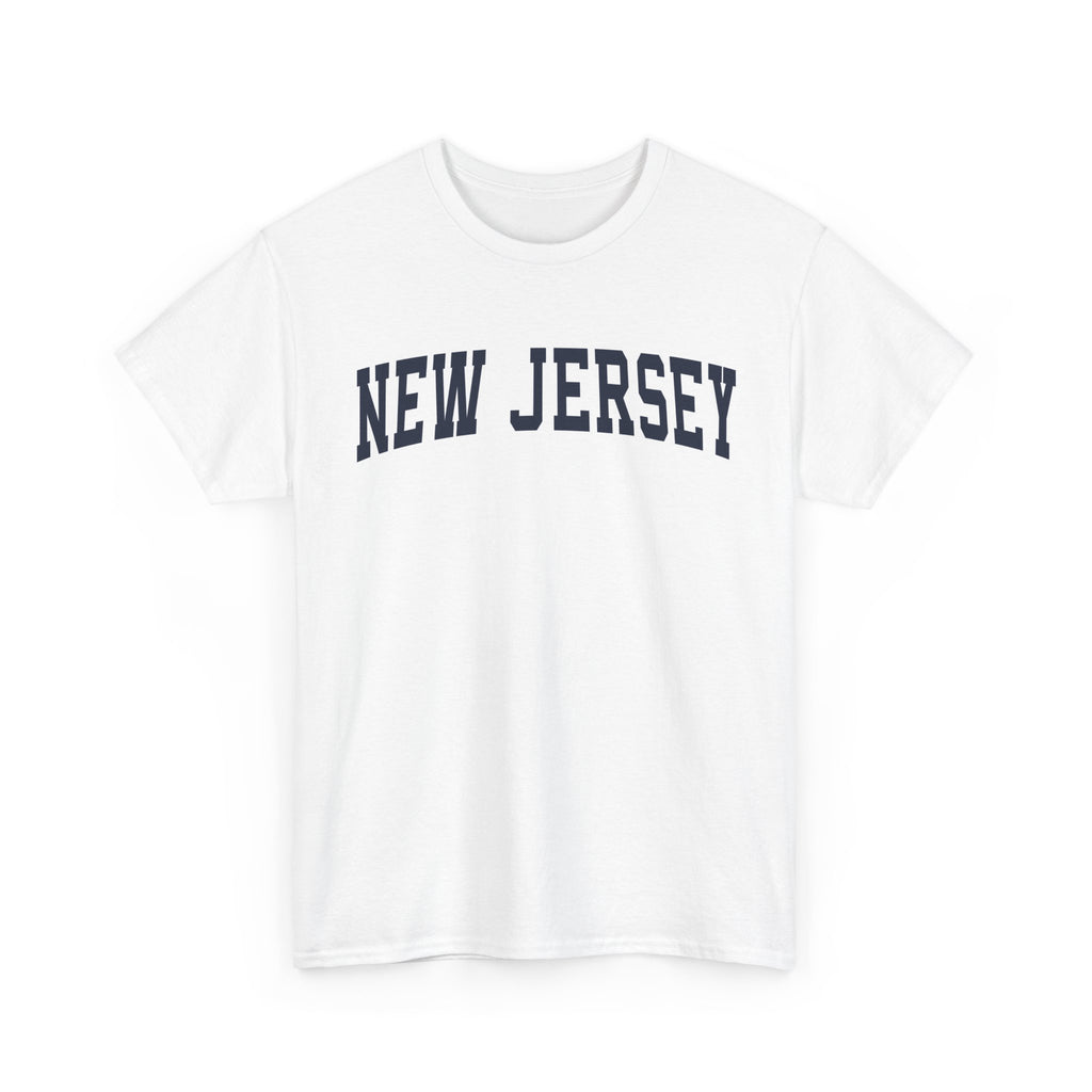 White t-shirt with 'New Jersey' text on a white background