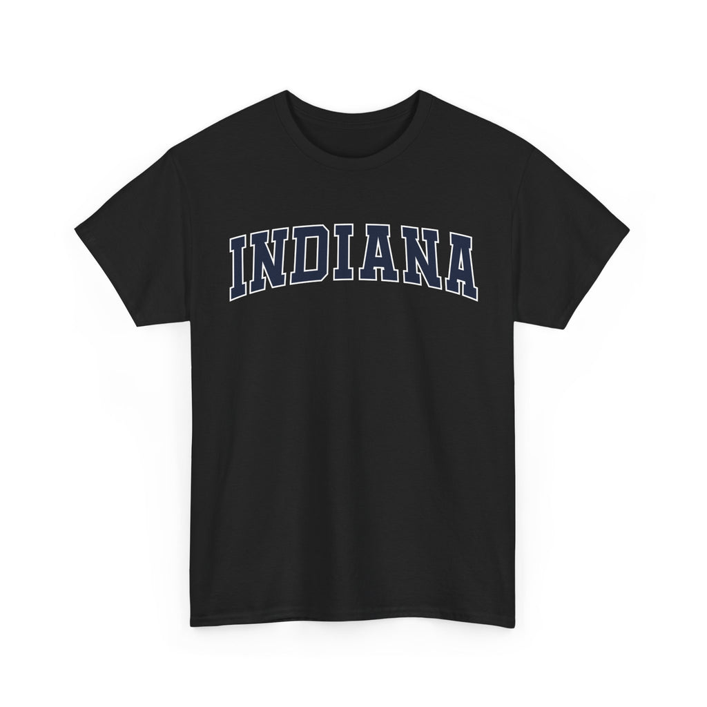 Black t-shirt with 'INDIANA' text on a white background