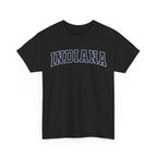 Black t-shirt with 'INDIANA' text on a white background