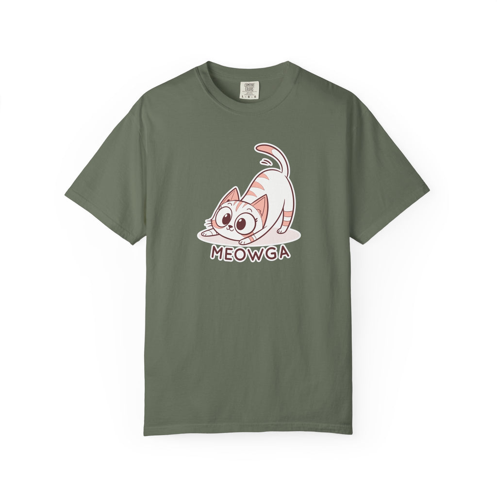 ’Meowga’ Cat Yoga T-Shirt | Cute Kitten Stretch Pose Graphic Tee - Moss / S