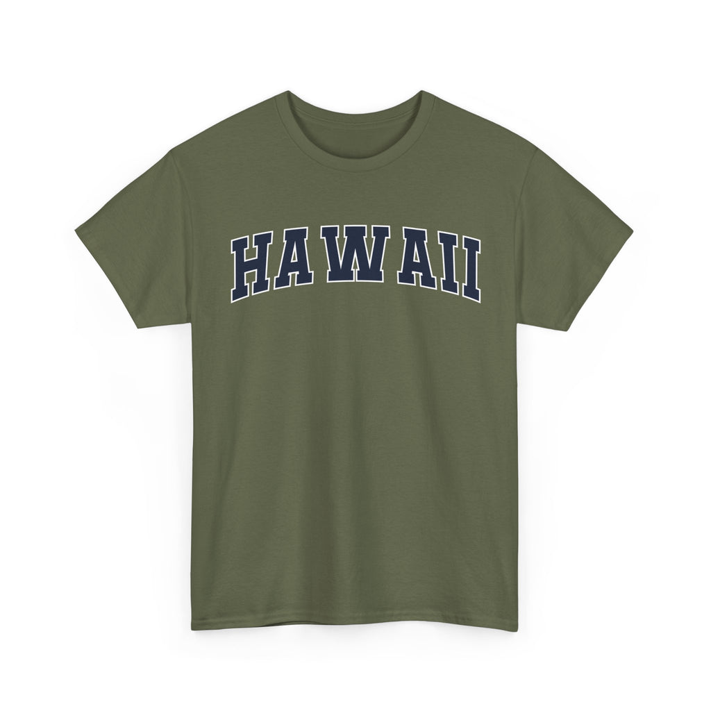 Green t-shirt with 'HAWAII' text on a white background