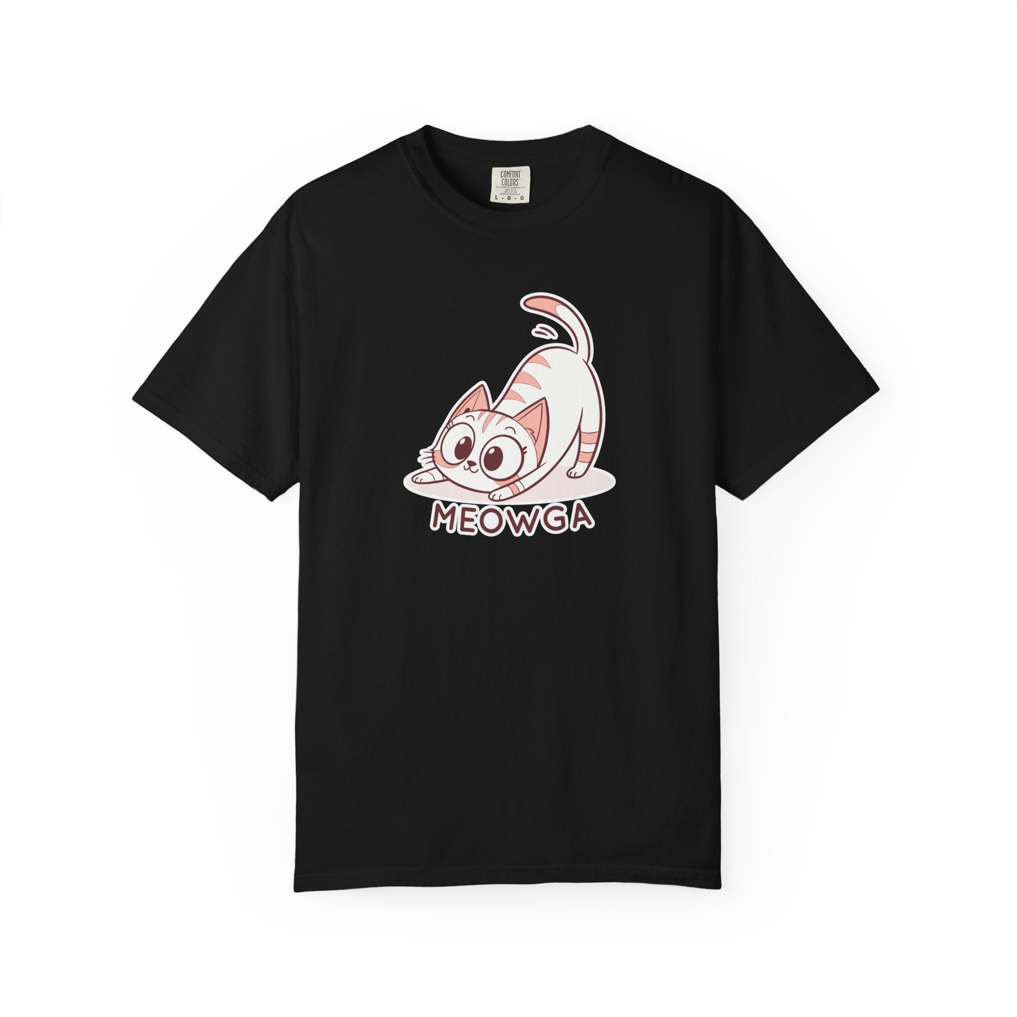 ’Meowga’ Cat Yoga T-Shirt | Cute Kitten Stretch Pose Graphic Tee - Black / S