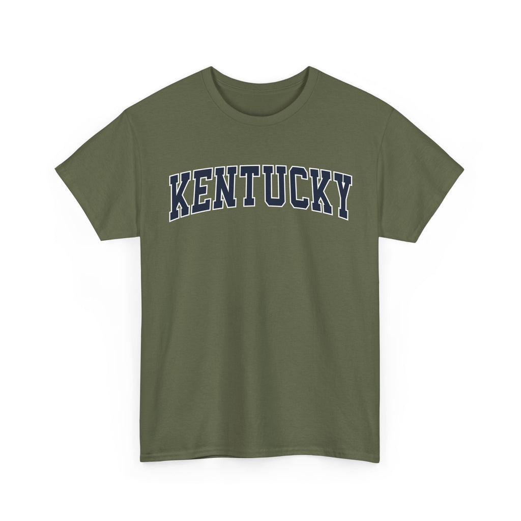 Green t-shirt with 'Kentucky' printed on it against a white background