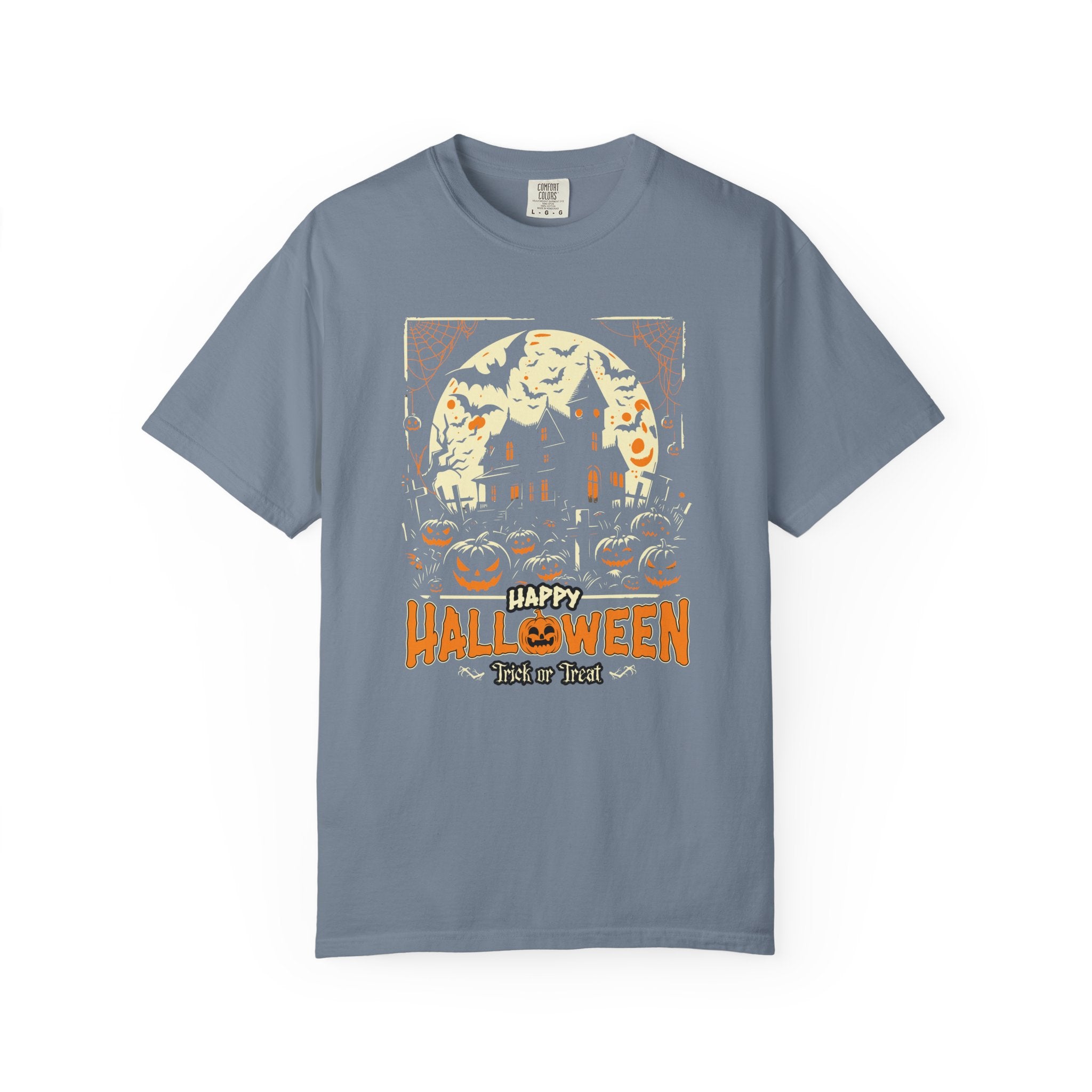 Happy Halloween T-Shirt: Haunted House Graphic Tee with Bats & Pumpkin - Trick or Treat - Blue Jean / S - T-Shirt