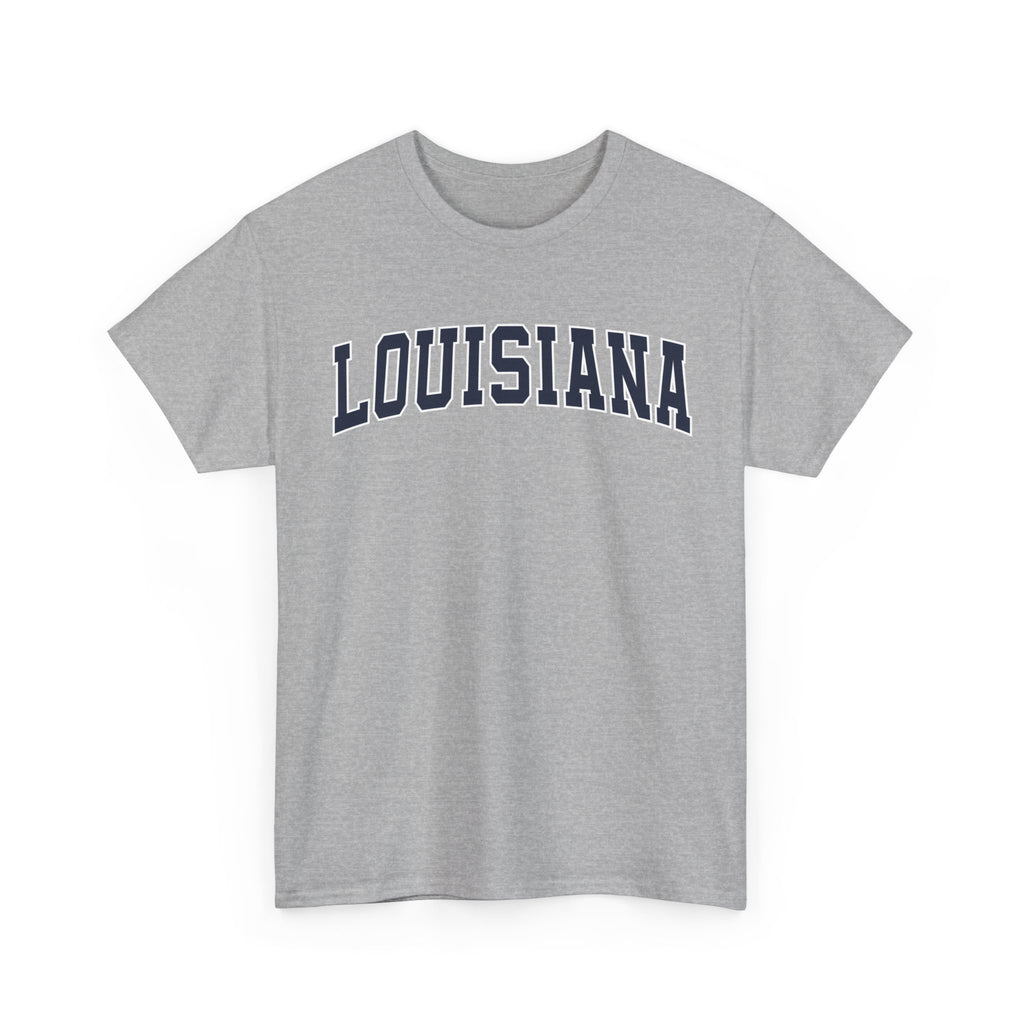 Gray t-shirt with 'LOUISIANA' printed on a white background