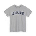Gray t-shirt with 'LOUISIANA' printed on a white background