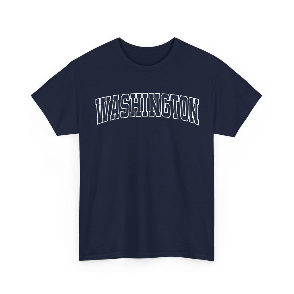 Navy blue t-shirt with 'WASHINGTON' printed on a white background